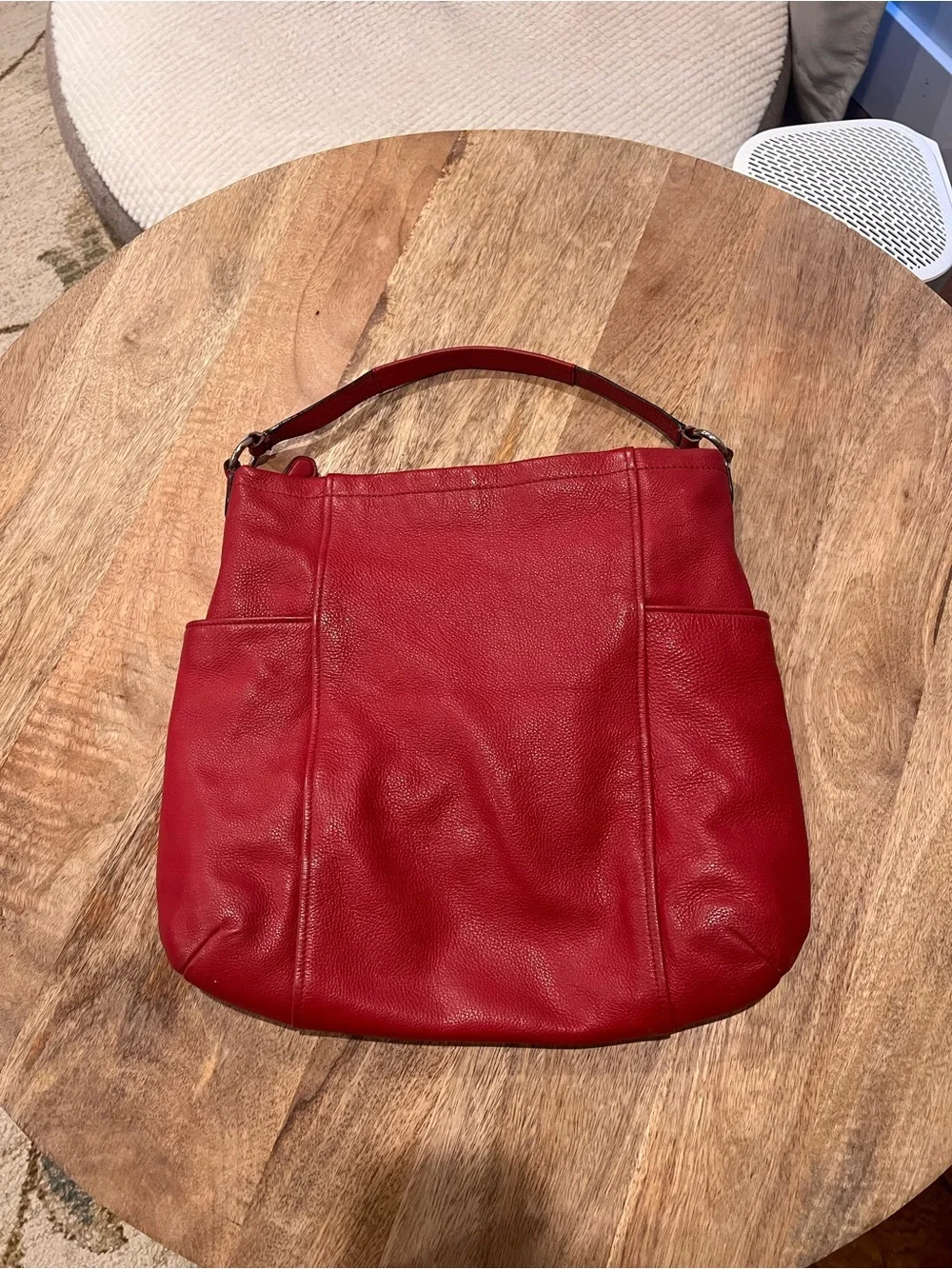 Coach Red Pebbled Leather Shoulder Bag with Logo Plaque